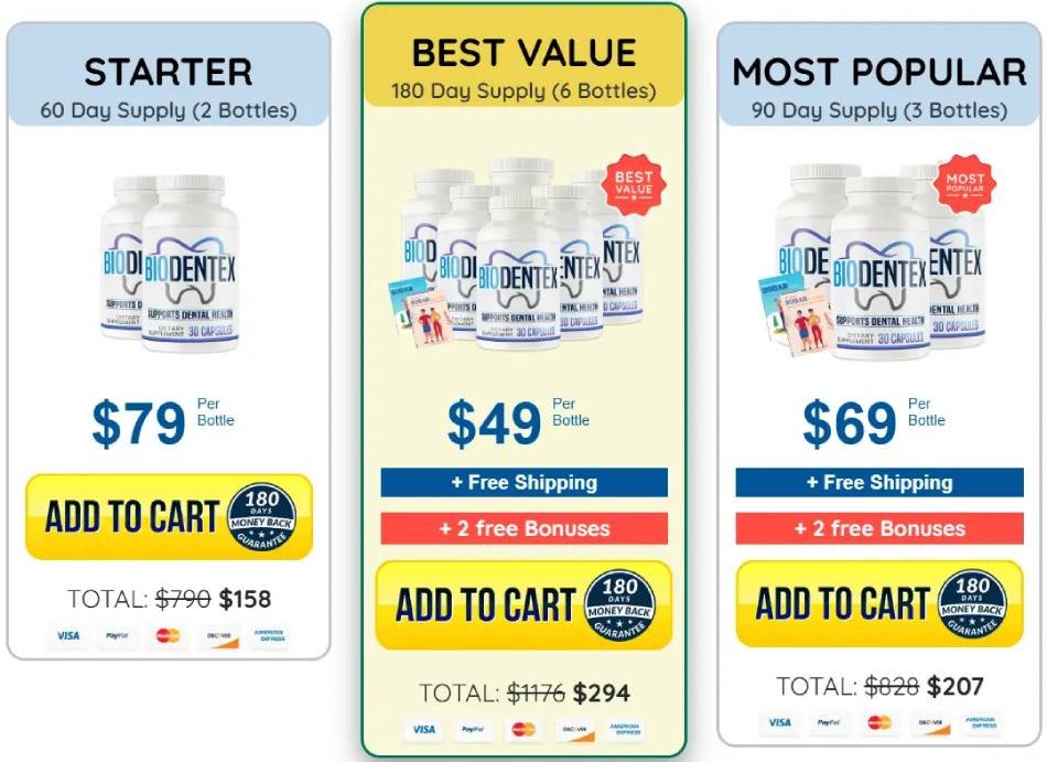 Exclusive package pricing with 1, 3, and 6 bottle options featuring major discounts and the lowest price per bottle for bulk orders.