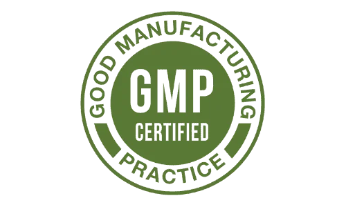 GMP certified manufacturing badge ensuring high production quality and safety standards.